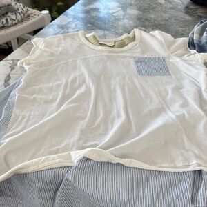 Anthropologie Maeve Olive Green and Navy Striped Tee